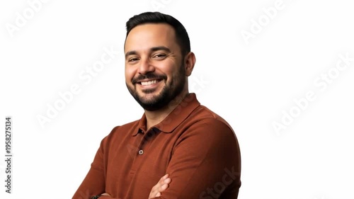A smiling man with a beard and short hair in a brown shirt for a corporate