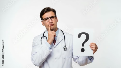 A doctor in a white coat holds a question mark sign in a thoughtful