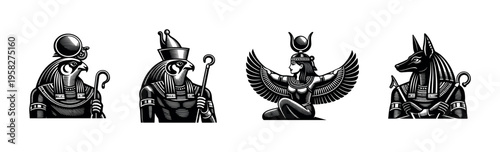 Egyptian mythology deities vector illustration, black and white silhouette style