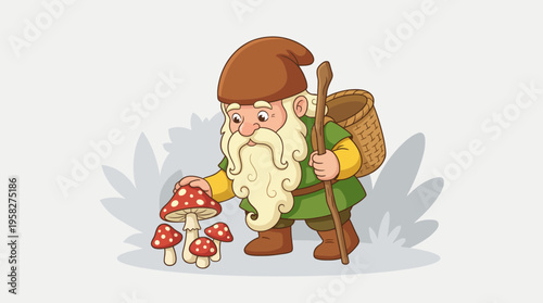 A whimsical gnome interacting with vibrant mushrooms in a serene forest setting captures the essence of fantasy, nature, and playful storytelling in this delightful image.