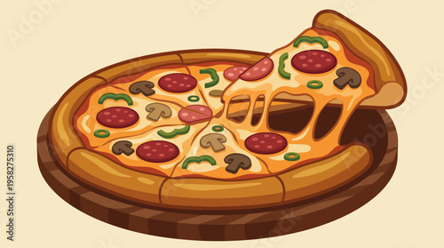 This mouthwatering pizza image showcases a slice being pulled from a whole pizza, complete with various toppings, ideal for food advertisements and pizzeria branding.