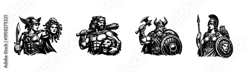 Mythological warrior illustrations, black and white vector, historical figures clipart