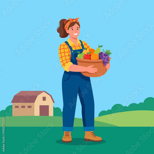 This illustration shows a happy farmer holding a basket of fresh fruits and vegetables, celebrating nature and sustainability, perfect for agriculture-related themes and branding.
