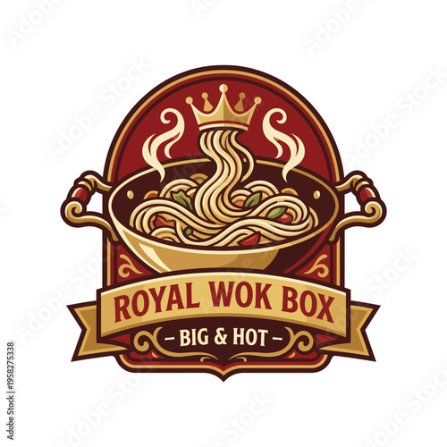 A captivating logo design for Royal Wok Box, showcasing noodles in a wok, representing traditional Asian cuisine and conveying a sense of warmth and deliciousness.