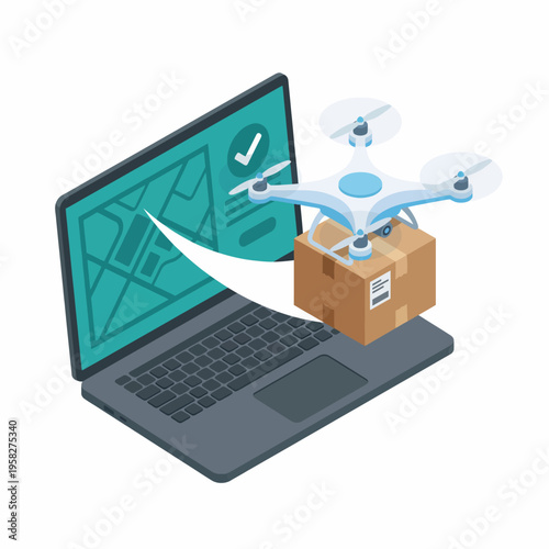 An illustration showcasing a laptop with a delivery drone transporting a package, emphasizing the efficiency and modernity of e-commerce and logistics in today's world.