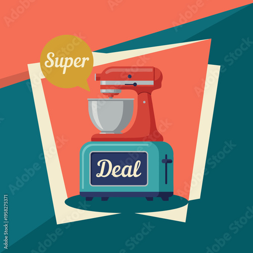 This nostalgic kitchen mixer image features a retro design along with a 'Super Deal' tag, perfect for conveying offers on kitchen appliances and home equipment.