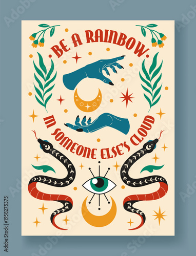 Mystic boho card. Magic fortune prediction. Witch hands. Sacred reptile. Witchcraft and divination. Esoteric moon. Lettering phrase. Gypsy eye. Moon crescent. Vector spiritual banner bohemian design