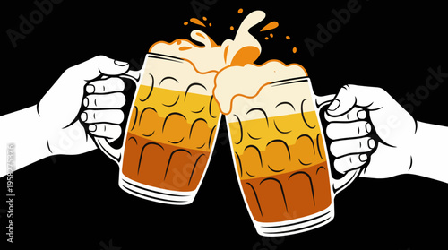 Two hands clink beer mugs together, creating a splash of foam. The scene captures the joy of celebration and camaraderie among friends enjoying their drinks together.