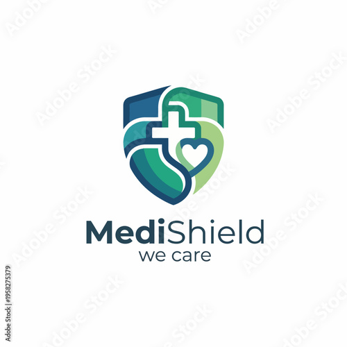This logo design features a shield that integrates health symbols, representing care and protection within the healthcare industry, ideal for medical branding.