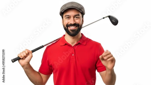 A smiling man in a red shirt holds a golf club about golfing