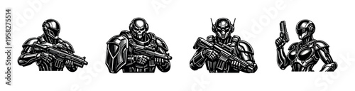Futuristic robot soldiers illustration, black and white silhouette style, vector elements