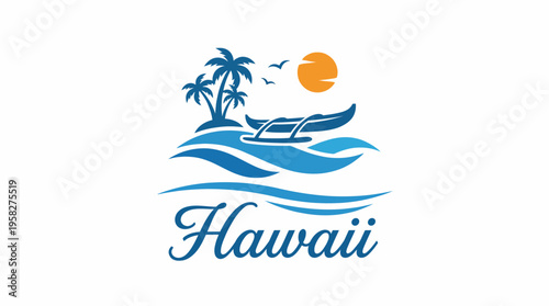A picturesque logo featuring a serene Hawaiian landscape with palm trees and the sun, ideal for travel agencies or businesses promoting Hawaiian tourism.