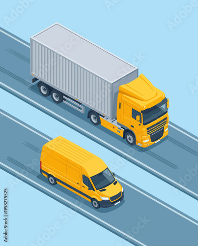 An isometric view illustration featuring yellow delivery trucks on a road, symbolizing logistics, transportation, and the efficient delivery of goods in modern commerce.