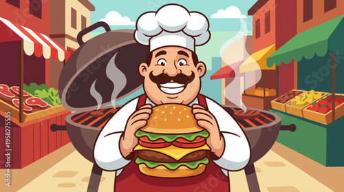 A cheerful cartoon chef character proudly holding a towering burger, set against a vibrant food market backdrop, capturing the joyful essence of cooking and street food culture.