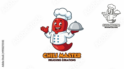 A spirited cartoon chili chef character showcasing delicious culinary creations, embodying spice and zest in food, ideal for branding chili or spicy food businesses and recipes.
