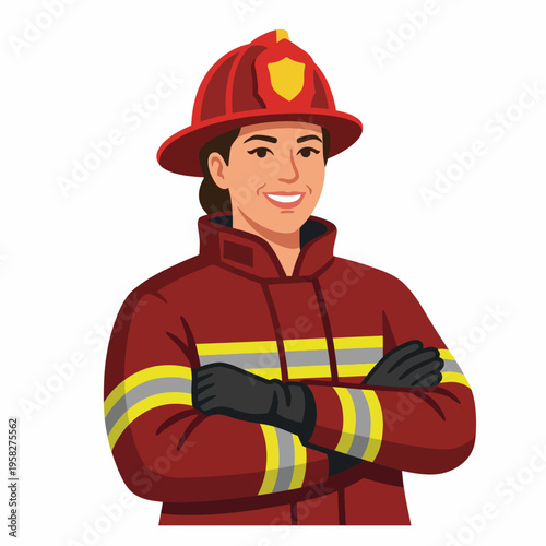 A confident firefighter wears protective gear and a helmet, showcasing bravery and readiness to fight fires, symbolizing safety, courage, and commitment to service.