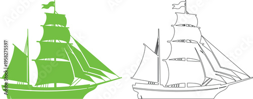 Green ship silhouette and black line sailing vessels