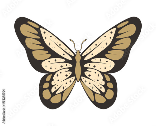 Occult symbol. Magical flying animal. Mystical butterfly. Fantasy mole with spiritual stars. Insect wings. Bohemian swallowtail tattoo. Moth for gothic witchcraft. Vector isolated esoteric Boho symbol