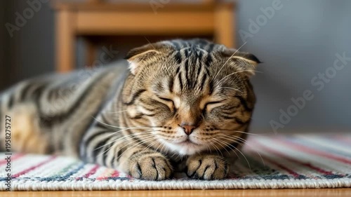 A serene tabby cat lies comfortably on a colorful rug in a cozy room with a wooden chair in the background, captured in a soothing .