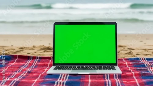 A laptop with a green screen sits on a colorful blanket at the beach in a relaxing