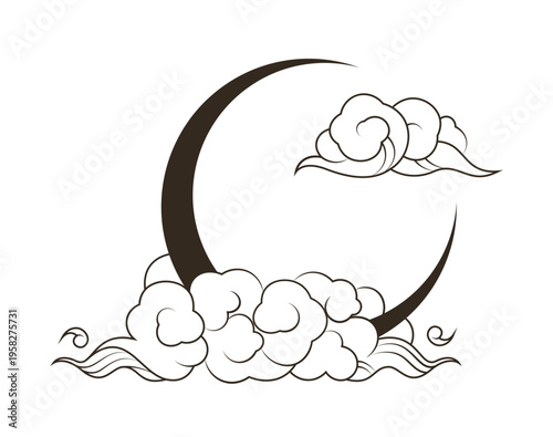 Occult symbol. Celestial moon. Night sky line clouds with black crescent. Mystical eclipse. Lunar magic. Bohemian tattoo print. Astrology icon. Esoteric space. Vector moonlight cloudscape Boho element