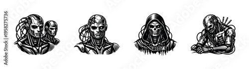 Futuristic cybernetic humanoid robots black and white vector illustrations