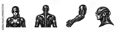 Futuristic cyborg elements black and white vector illustrations set