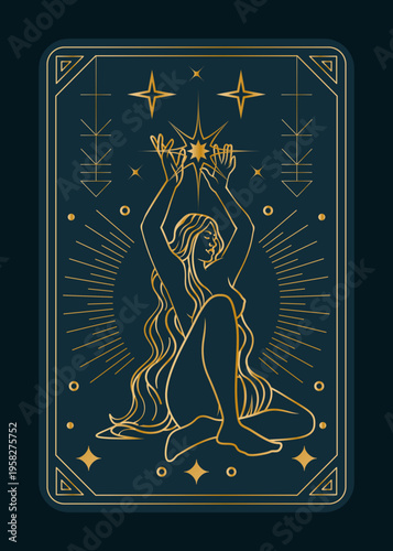 Tarot card. Witch naked female body. Magic occult ritual. Celestial stars and moon. Sorcery spell. Astrology line symbols. Fairy charm. Oracle divination. Fantasy witchcraft. Vector esoteric banner