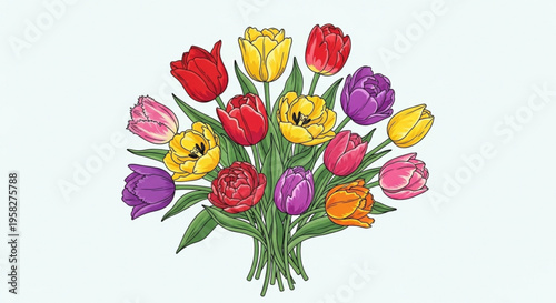 Vibrant bouquet of assorted colorful tulips on white background floral arrangement with green stems and leaves spring flowers in shades of red yellow pink purple and orange