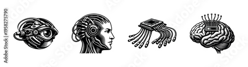 Futuristic technology vector illustrations of cyborg head and neural devices in black and white