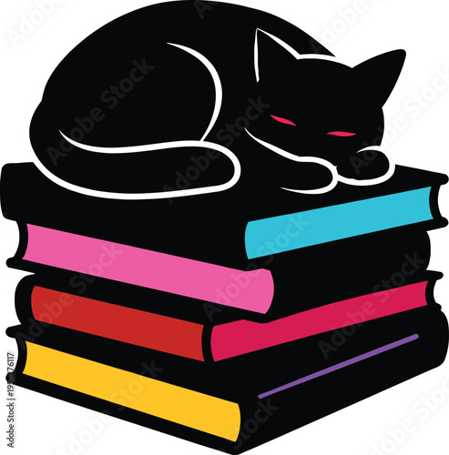 A black cat sleeping on a stack of colorful books