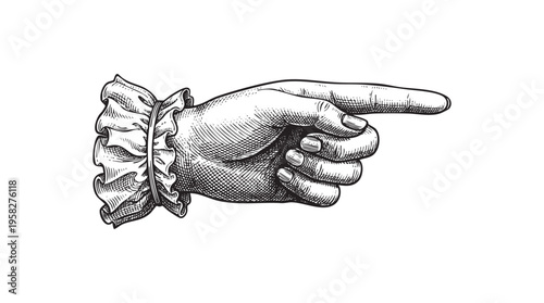 Hand with Ruffled Cuff Pointing to the Right Vintage Engraving Style ink line black png