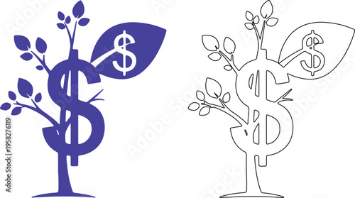 Tree with dollar sign growing out of it in purple and black outline