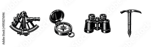 Black and white vector illustration of nautical and exploration tools silhouette