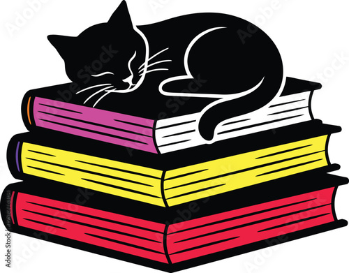 A black cat sleeping on top of a stack of colorful books