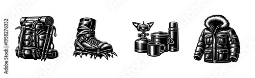 Illustration of hiking and camping gear including backpack, boot, cooking kit, and jacket in black and white vector style