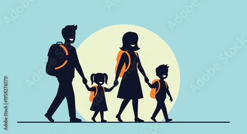 Vector illustration of family with children walking