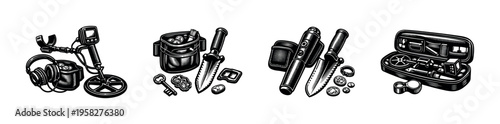 Metal detector and treasure hunting equipment illustration, black and white vector elements