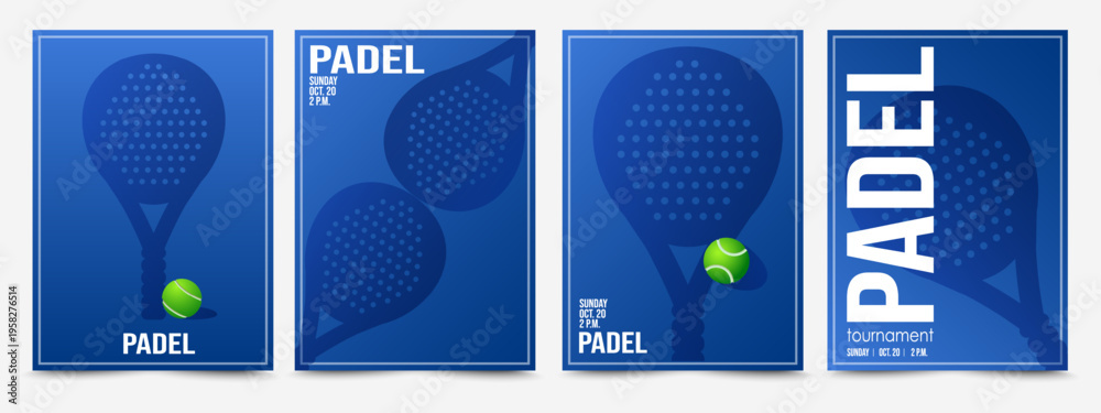 Obraz premium Padel posters with rackets shadows. Set of banners with racquets on blue court for padel and tennis balls. Sports competition invitation. Padel Tennis Championship or tournament vector templates.