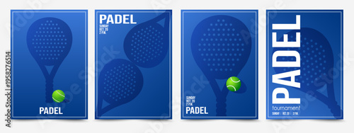 Padel posters with rackets shadows. Set of banners with racquets on blue court for padel and tennis balls. Sports competition invitation. Padel Tennis Championship or tournament vector templates.