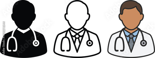 Doctor avatars, trio of medical professionals with stethoscopes, diverse neutral skin tones, white lab coats, clean vector illustration