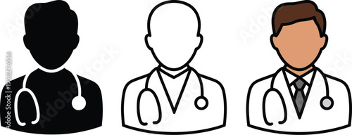 Doctor avatars, trio of medical professionals with stethoscopes, diverse neutral skin tones, white lab coats, clean vector illustration