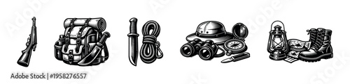 Vintage camping and adventure gear vector illustration set featuring backpacks knives lanterns
