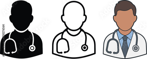 Doctor avatars, trio of medical professionals with stethoscopes, diverse neutral skin tones, white lab coats, clean vector illustration
