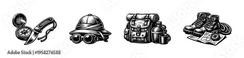 Vintage outdoor adventure gear illustrations, compass, hat, backpack, boots, black and white vector elements