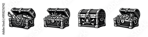 Pirate treasure chests full of gold coins and jewels vector illustration black and white silhouette