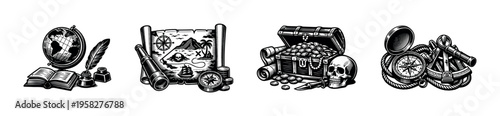 Vintage adventure elements illustration featuring compass map telescope treasure chest in black and white silhouette