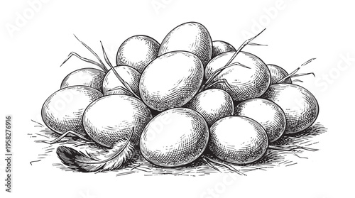 Abundant Pile of Eggs Nestled in Straw with a Single Feather and Twigs ink line black png