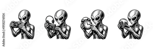 Alien figures using camera clock radio crystal ball in black and white vector illustration