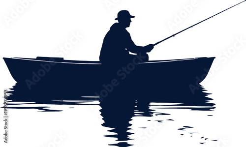 A man in a boat is fishing on the water